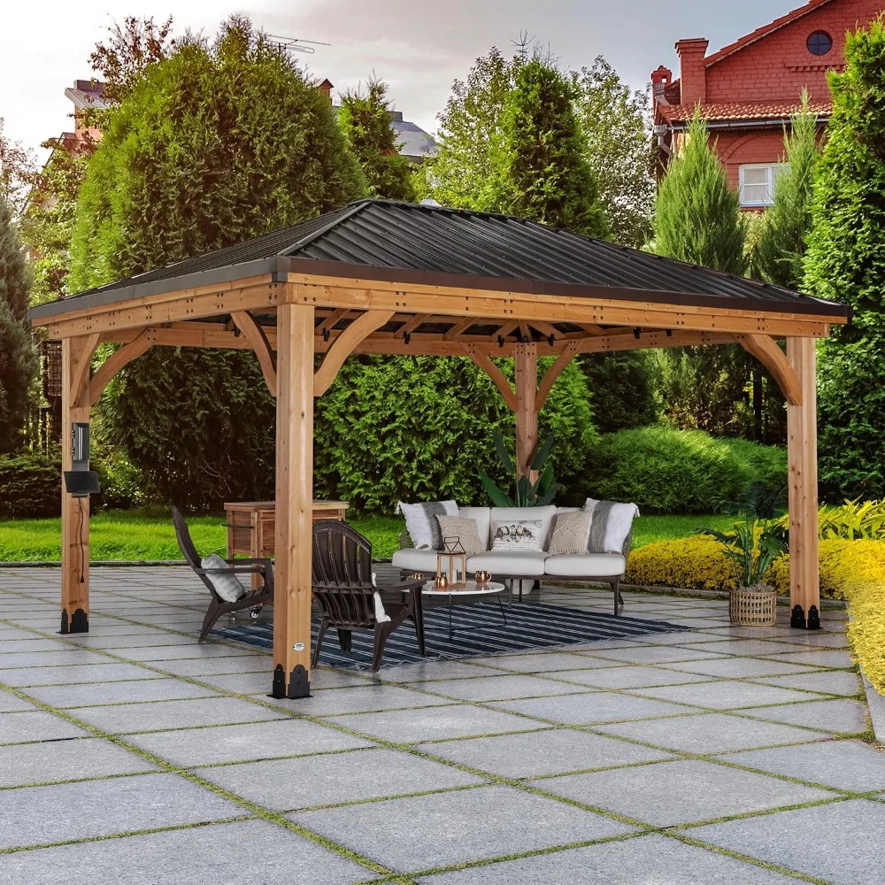 

Wood Outdoor Gazebo Pavilion with Hardtop Galvanized Steel Hip Roof, Snow Support, Wind Resistance, Shade for Garden, Patio,Deck