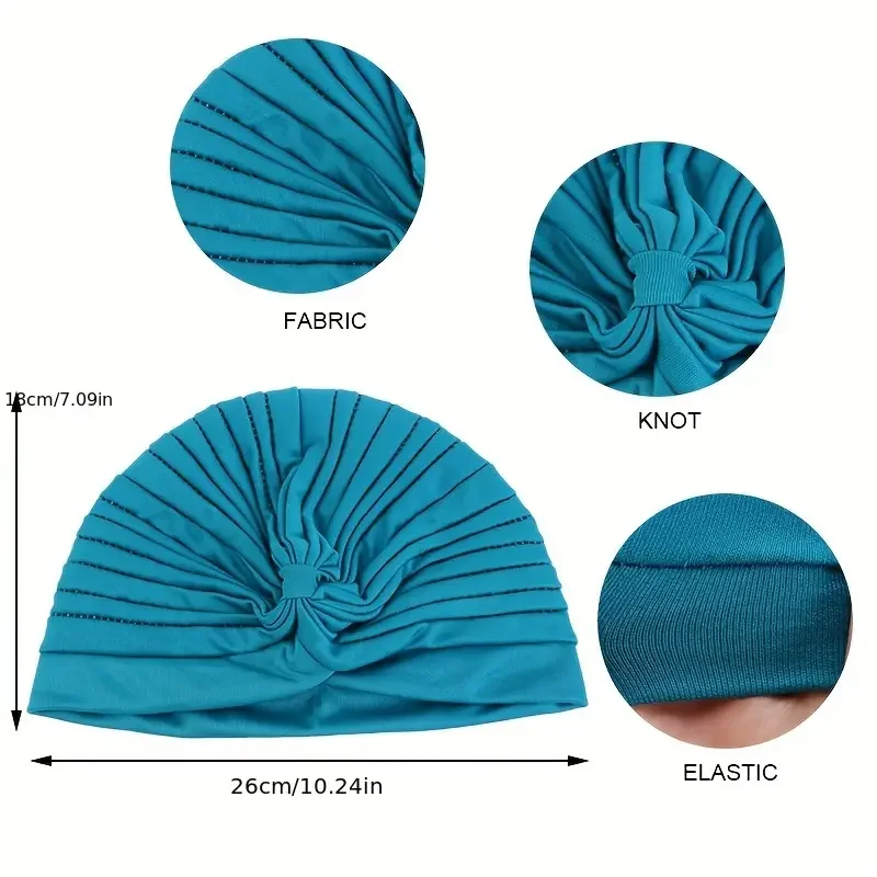 3pcs Solid Color Elastic Turban Cap, Casual Pleated Head Wrap Beanie Head Scarf Chemo Hats for Women