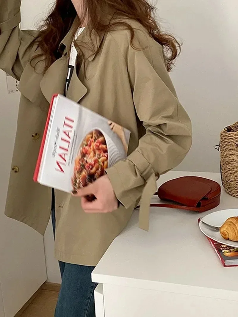 England Style Short Trench with Belt Women Fashion Lapel Double Breasted Blazers Spring Autumn Solid Colors Lapel Chic Thin Coat