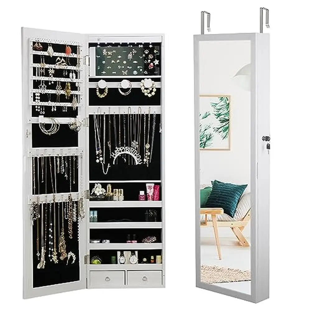 Full-Length Mirror Jewelry Armoire Organizer LED Lights Lockable Wall/Door Mount Storage