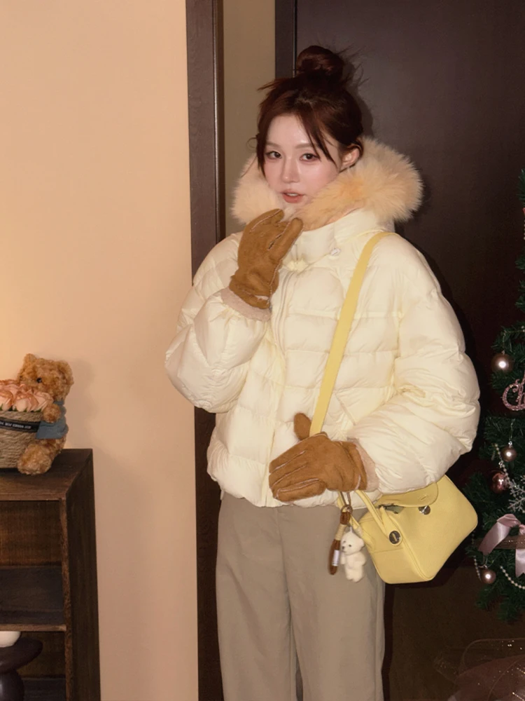 

Теплая женская зимняя куртка-пуховик орт 90 из белого пуха, желтая, в корейском стиле, с застежкой-молнией, удлиненная