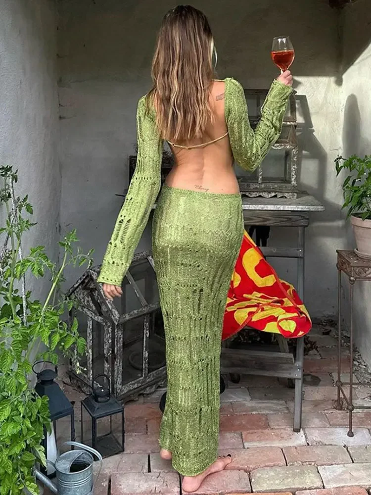 2024 Summer Sexy Backless Slim Cut Out Party Beach Maxi Dress Knit Beachwear Women Pool Holiday Swimsuit Bikini Cover-ups A2754