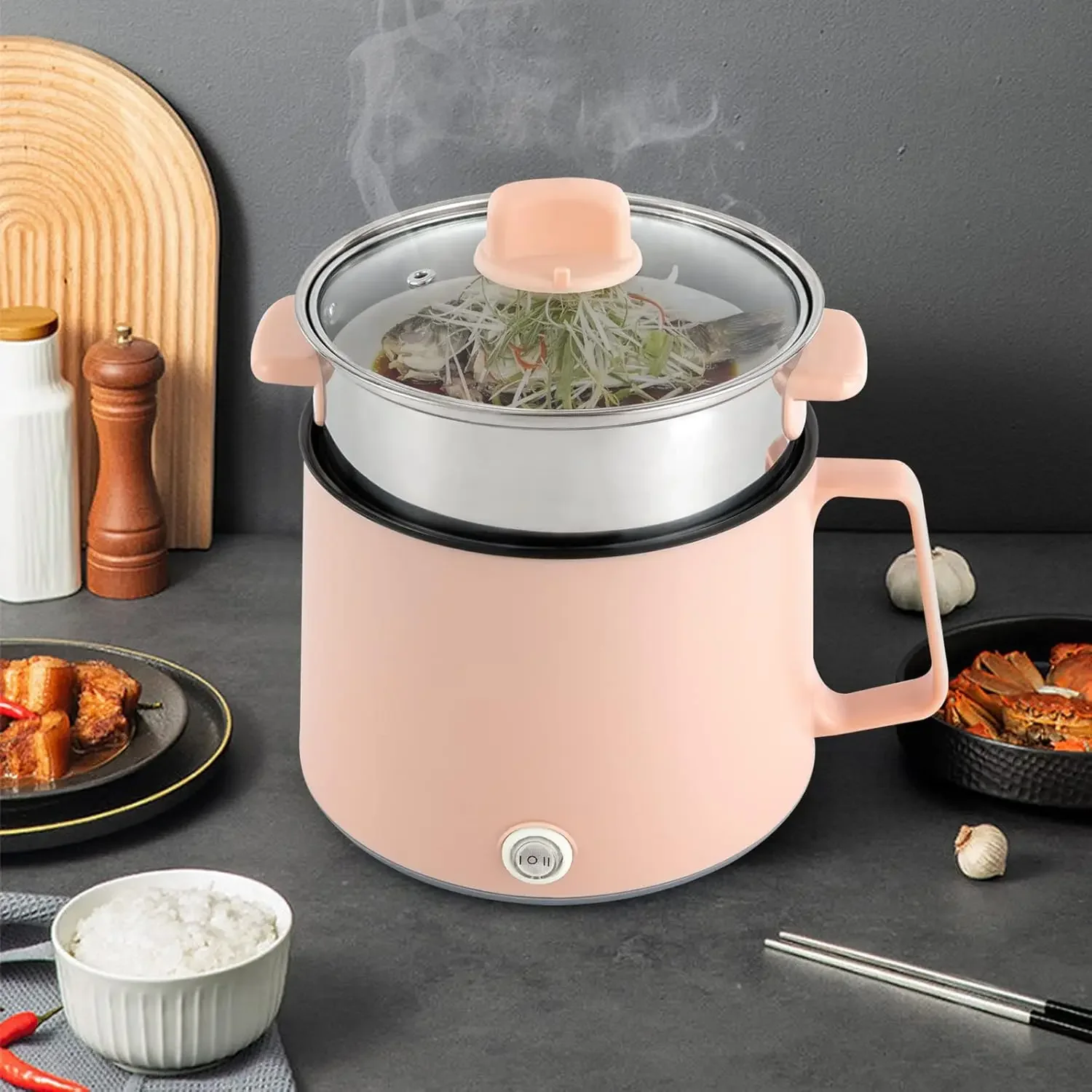 1,7 l elektrischer Kochtopf mit Dampf, tragbare, antihaftbeschichtete Doppel-Power-Pfanne für Zuhause, Büro, Wohnheim, Rosa