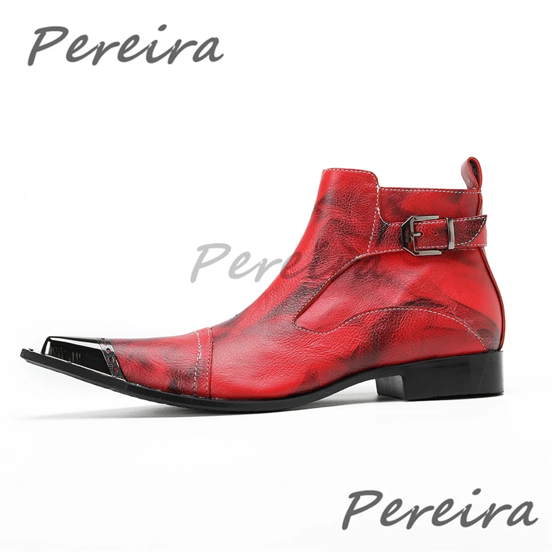 Red Black Iron Pointy Toe Men's Ankle Boots Fashion Belt Buckle Printed Genuine Leather Booties New Banquet Party Dress Shoes