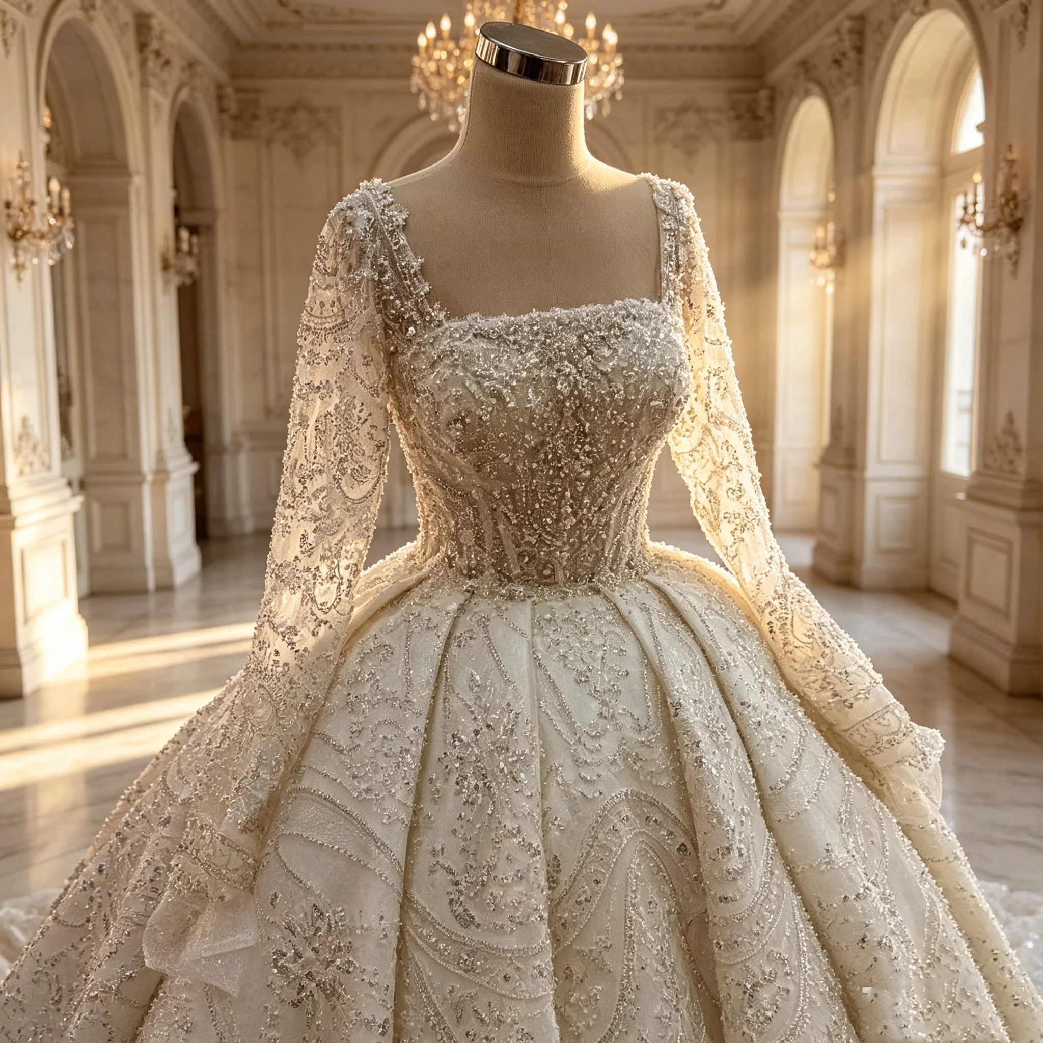 Luxury Square Neck Long Sleeve Wedding Dress Heavy Beaded Ball Gown Bridal Gown Custom Made Vestidos de Novia Sparkly Princess