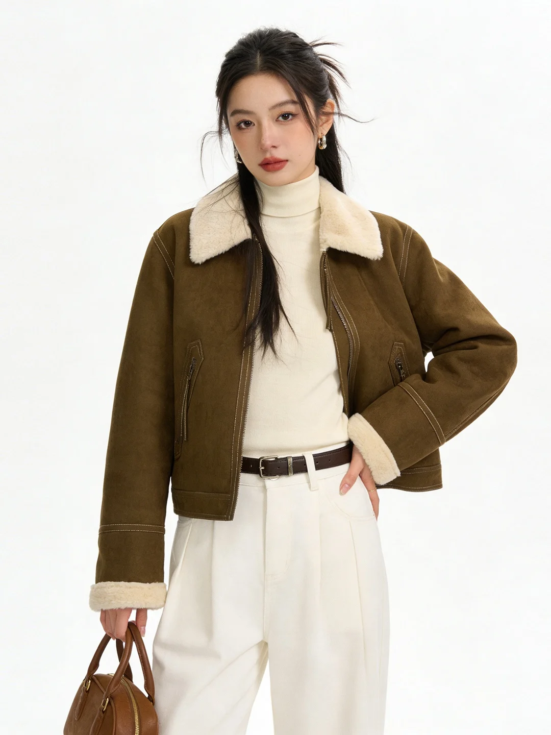 

Корейская ретро-куртка из замши с мехом ягненка, женская, весенняя, новая, свободного кроя, теплая, с воротником, маленького размера, утолщенная, прямого силуэта