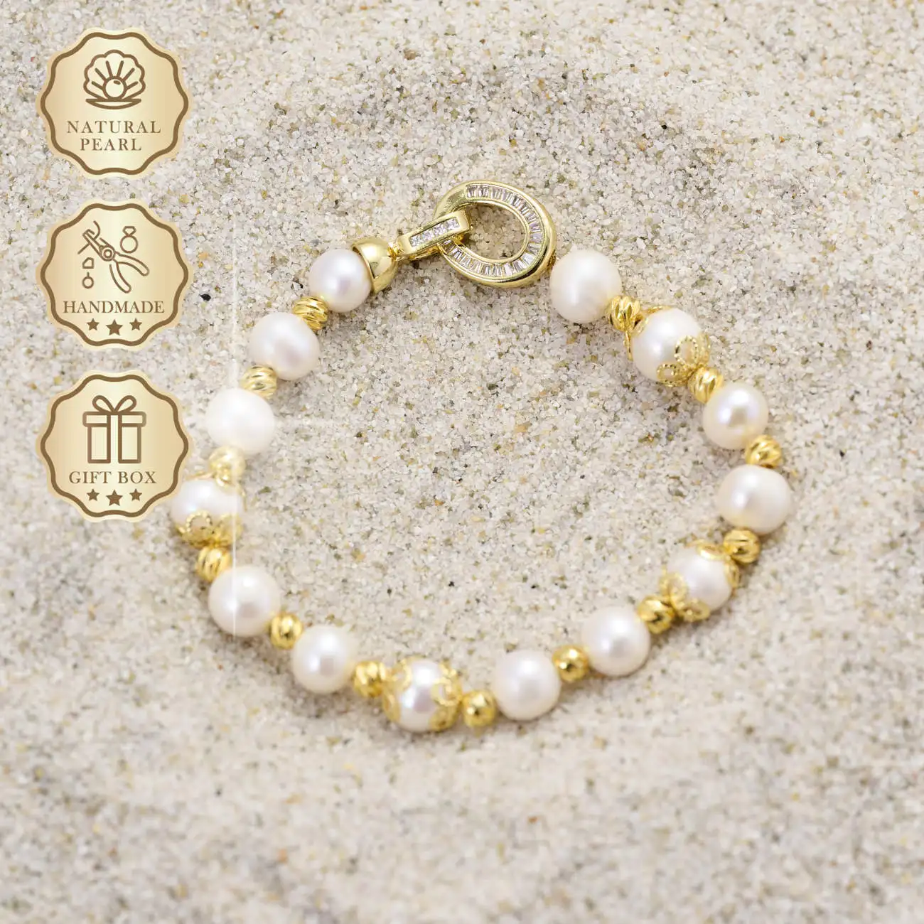 

MYSOYA White Freshwater Pearl Bracelet 10–11mm with Gold Accents & Oval Clasp, Gift Box, Birthday & Anniversary Gift