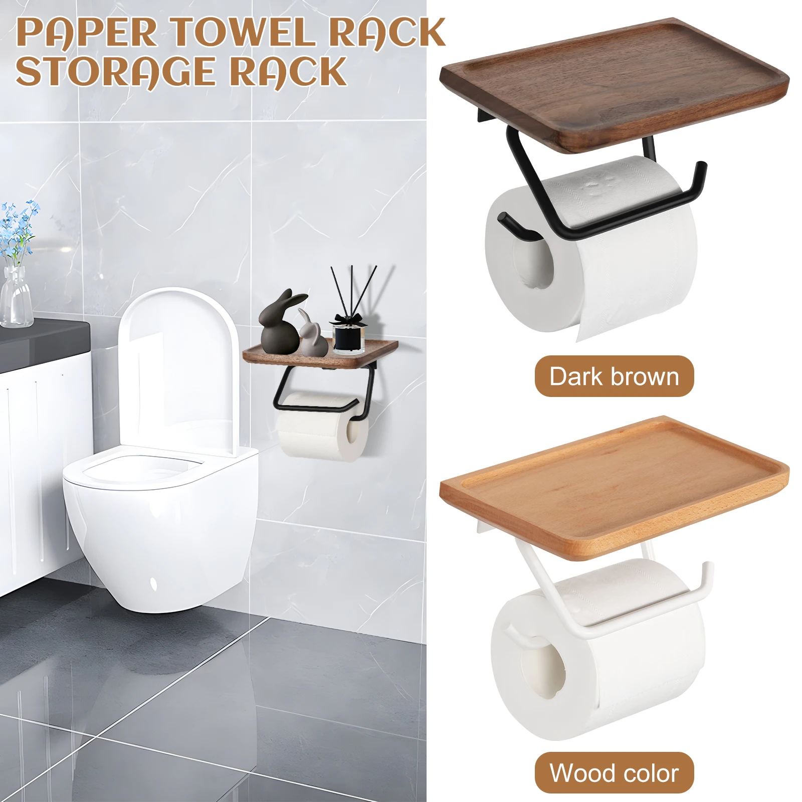 Paper Towel Holder Self Wood Adhesiv No-Punch Wall Mount Kitchen Bathroom Toilet Roll Paper Hook Storage Shelf Easy-Install
