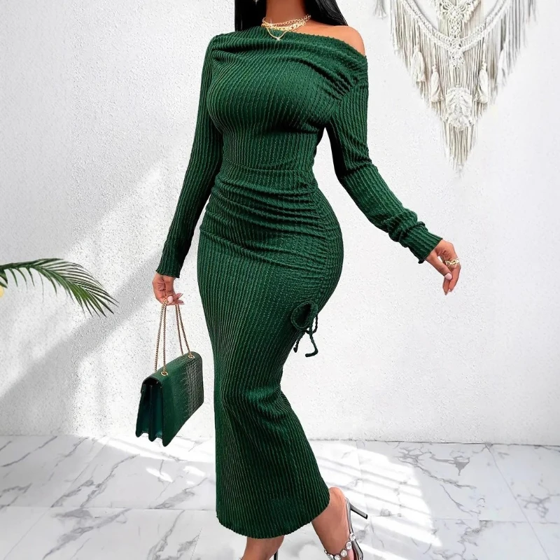 

Women's Dress Solid Vestidos Knitted Dresses 2025 One Line Neck Long Sleeves Leace-up Package Hip Vintage Simple Style Slim