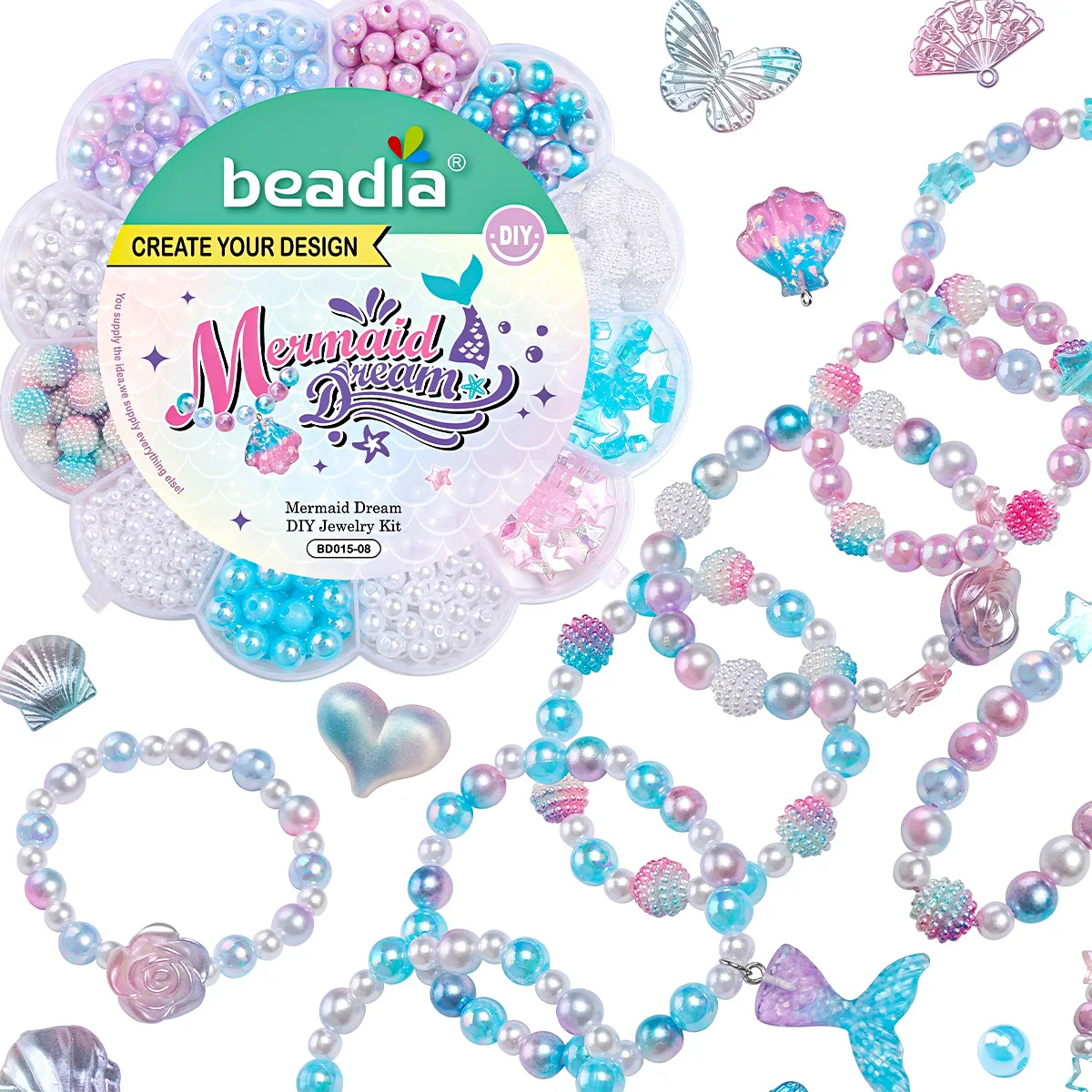 Perles acryliques mélangées couleur sirène 13Grid 0,6-2,6 cm, idéales pour bracelets, colliers, bagues, cadeaux de Noël, kit de fabrication de bijoux DIY