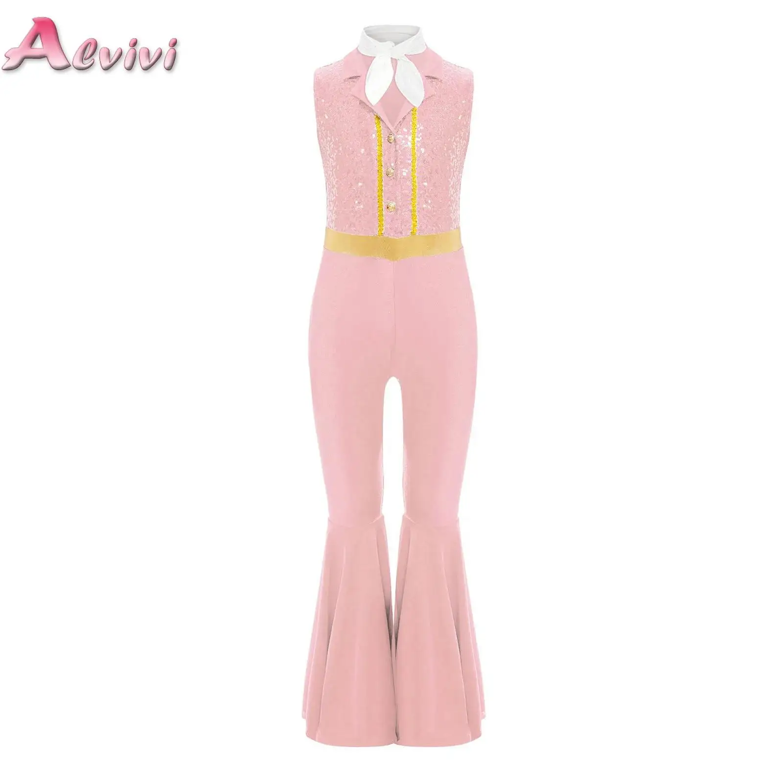 

Kids Girls Shiny Sequins Jumpsuits Hippie Costume Performance Dancewear Sleeveless Bell-bottom 60s 70s Full Body Leotard+Scarf