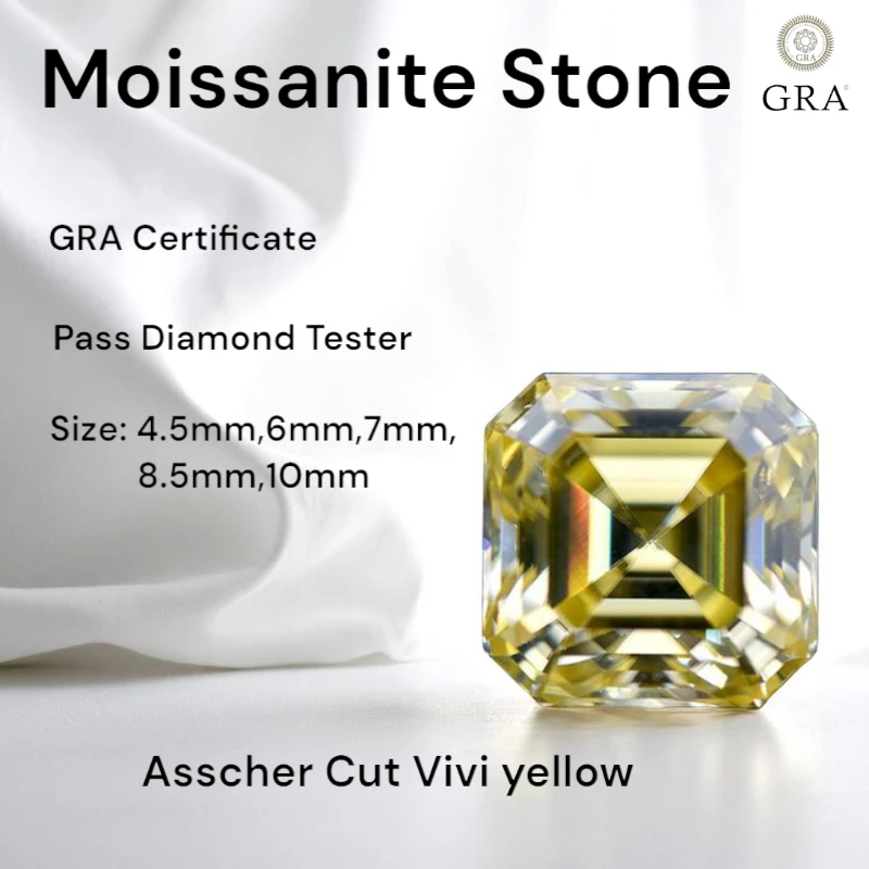 

Vi vi yellow Moissanite Stone Asscher Cut With Certificate Loose Gemstone Pass Diamonds Tester Gemstones for Jewelry Diy
