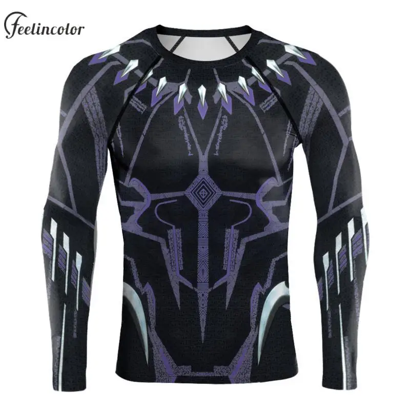 Superhero Cosplay Compression Shirt for Men Panther Printed Halloween Tops Gym Sport Breathable T-Shirt Long Sleeve Male Clothes