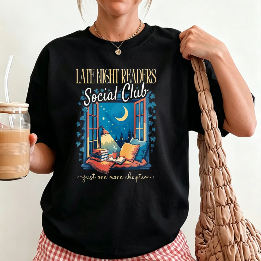 Late Night Readers Social Club Graphic T-Shirt Just One More Chapter Moon Window Book Lover Casual Reader Summer Gift Tee