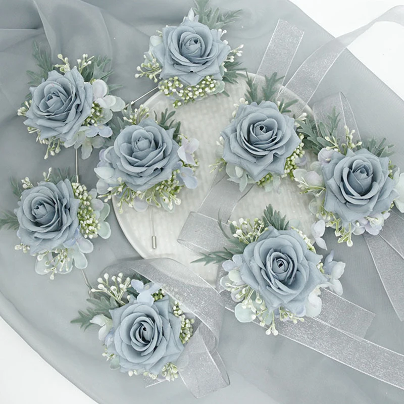 New Champagne Silk Rose Boutonniere Buttonhole Artifical Flowers Pins Wrist Corsage Bridesmaid Bracelet Wedding Accessories