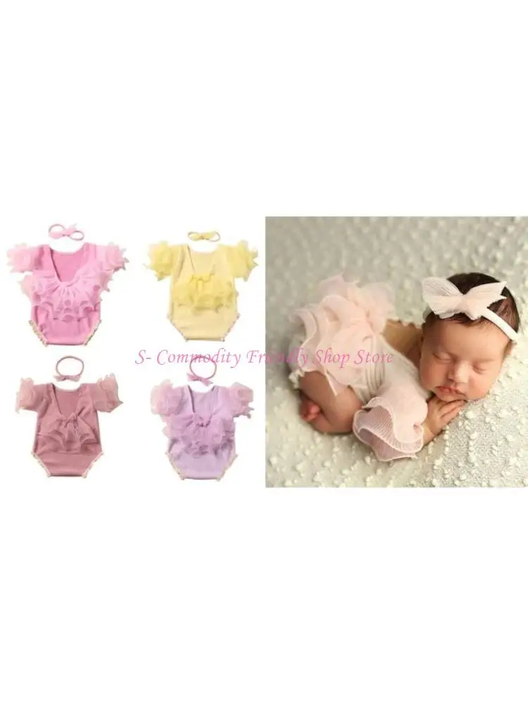 85AE Baby Girls Photo Clothes Backless Jumpsuit Newborn Costume OnePiece Lace Romper Bowknot Headband Infant Photo Outfit