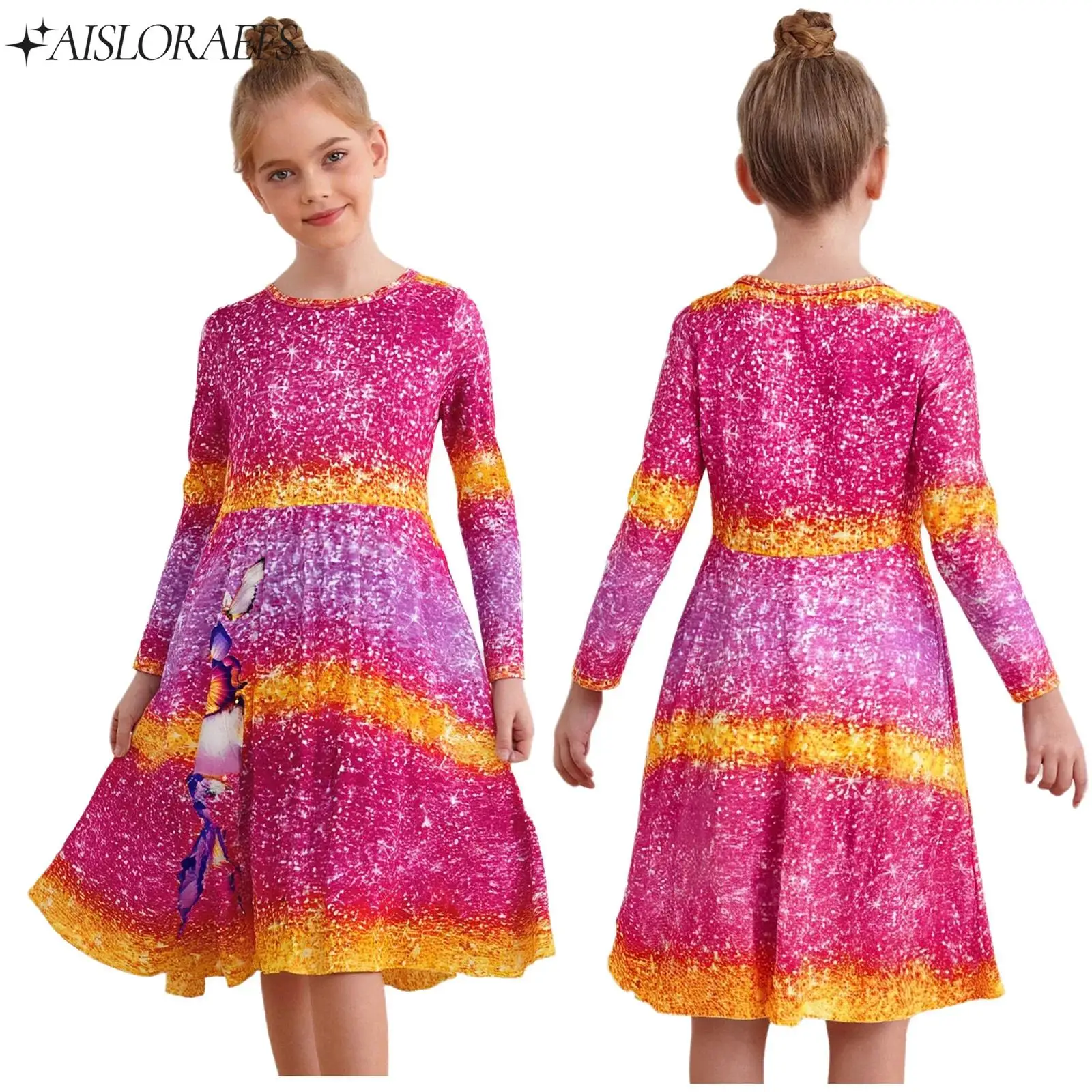 

Kids Girls Princess Party Dress Round Neck Long Sleeve Stylish Butterfly Printed Gradient Dress for Birthday Party Photography