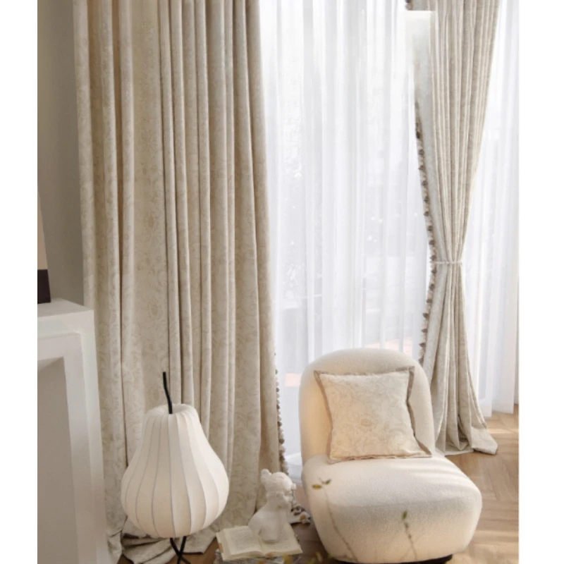 Modern Romantic French Luxury Curtains for Living Room Bedroom Beige Embroidery Chenille Curtain Blackout Curtains Lace Tulle