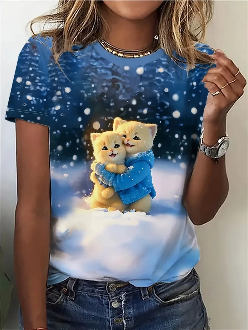 kawaii Cute Cat pattern Women T shirts Summer New 2024 Short Sleeve O-Neck Tops Test Streetwear Casual Loose Women Shirts