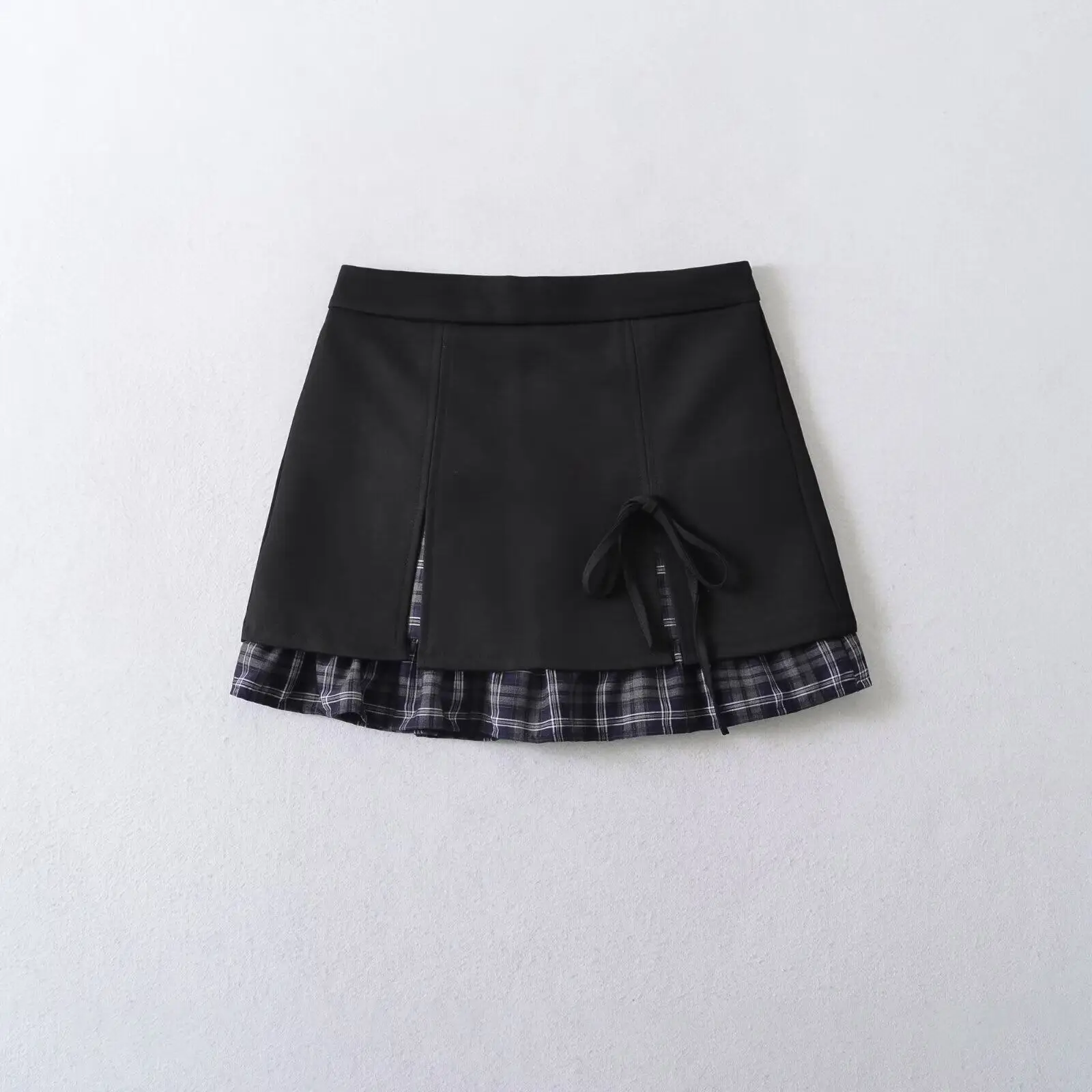 Women's Mini Skirt with Plaid Patchwork Side Bow Built-in Shorts High Waist A-Line Skirt Skort Y2K Schoolgirl Preppy Style