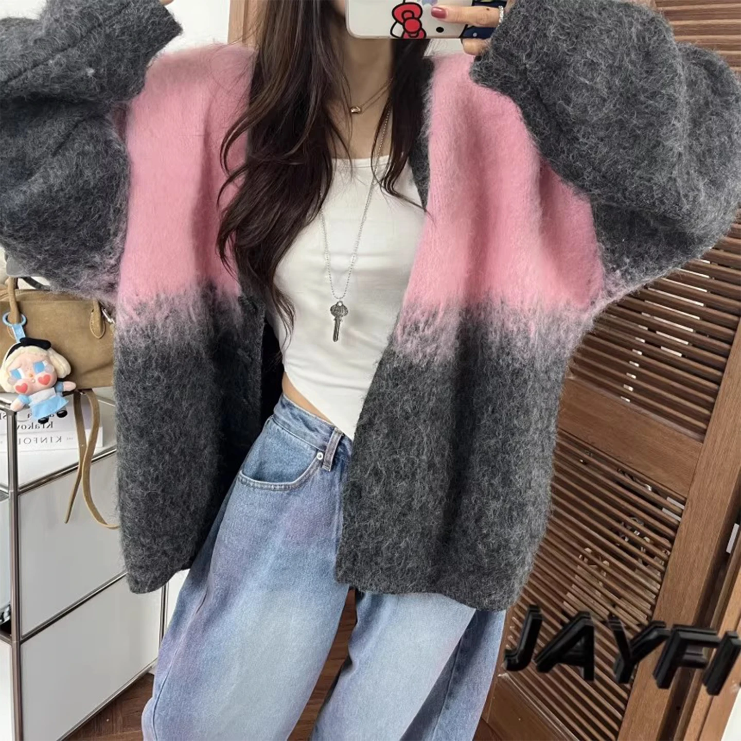 

Retro adient Color Knitted Open Cardigan Sweater Women's Thi Soft Autumn Winter New Sle V-ne Long Sve Casual Top