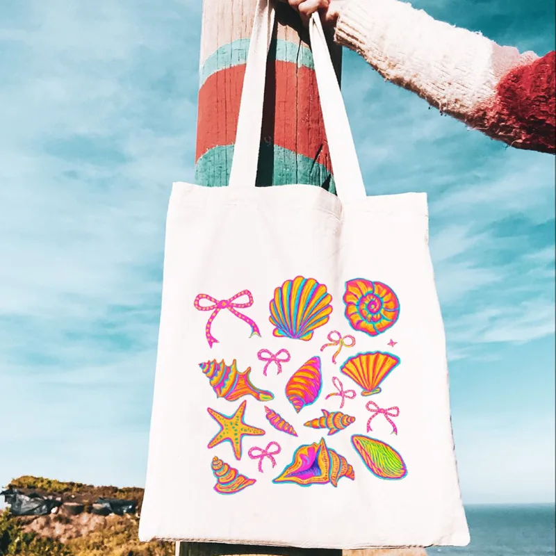 Bow Shell Canvas Handbag Marine Animal Wave Pattern Women's Daily Work Shopping Large Capacity Canvas Bag