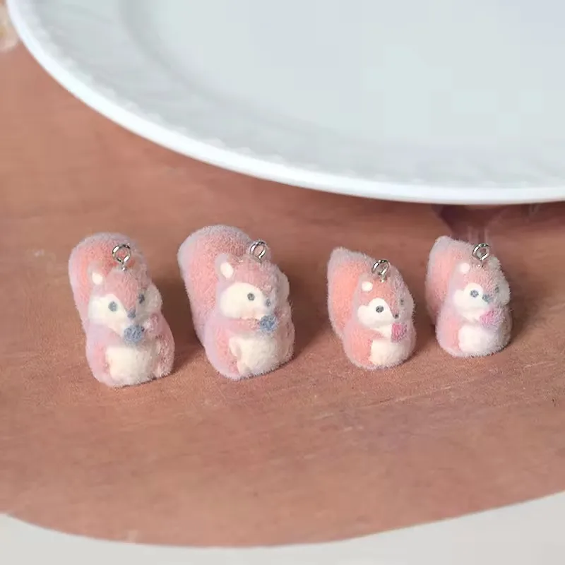 20pcs Cartoon flocking resin Charms Cute Plush squirrel pendant For make diy handiwork jewelry Keychain Accessories wholesale