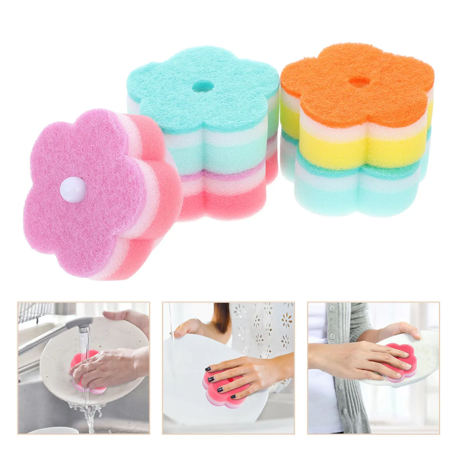

5Pcs Kitchen Scrub Sponges Flower Design Non-Scratch Reusable Cleaning Sponge Dishwashing Bathroom Car Interior Washing