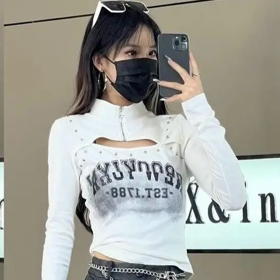 

Hollow Out High Neck Shirts for Women 2025 Y2k Grunge Clothes Harajuku Футболки Ropa Mujer Oversized T Shirt Graphic Tees