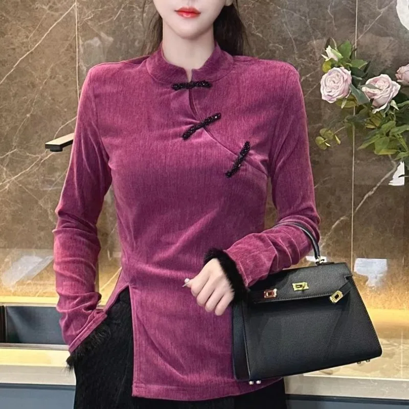 Chinese Style Retro Casual Asymmetric Solid Color Button Stand Collar Long Sleeved Shirt Women\'s Autumn Sweet Chic Split Tops