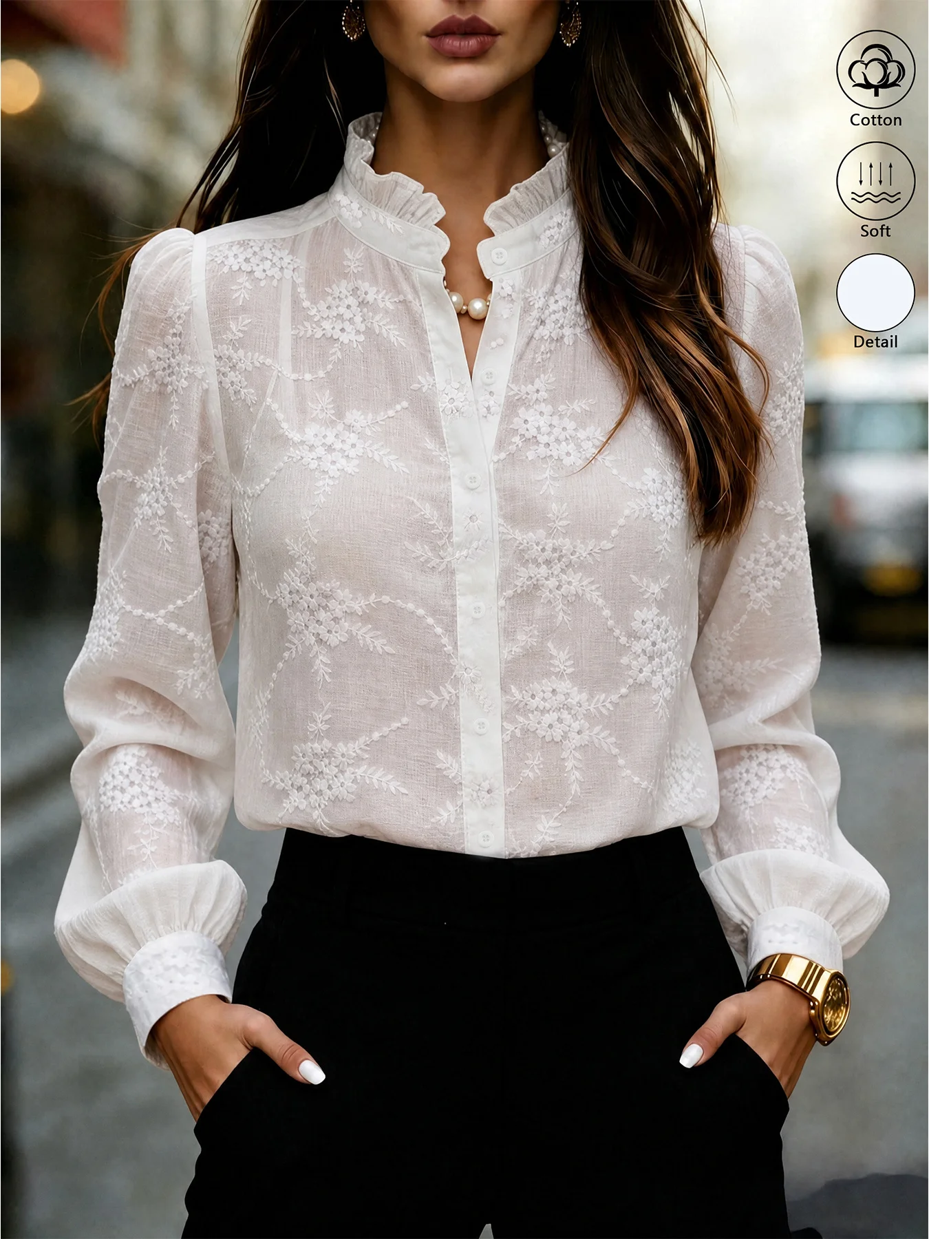 Embroidery On Shirt - Camisa Feminina 100% Algodão com Gola