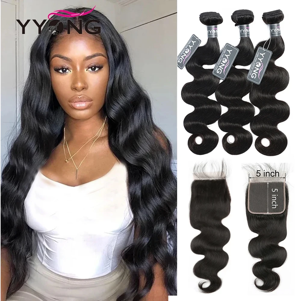 YYong 5x5 Closure With Bundles Remy Peruvian Body Wave 3/4 Bundles With Closure 100% Human Hair 5x5 Lace Closure With Bundles