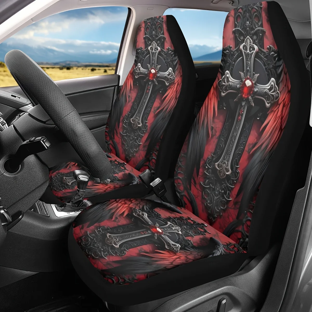 

2pcs Gothic Cross Print Car Seat Covers, For Women And For Man, Universal Auto Front Seats Protector Fits For Car, SUV Sedan, Tr