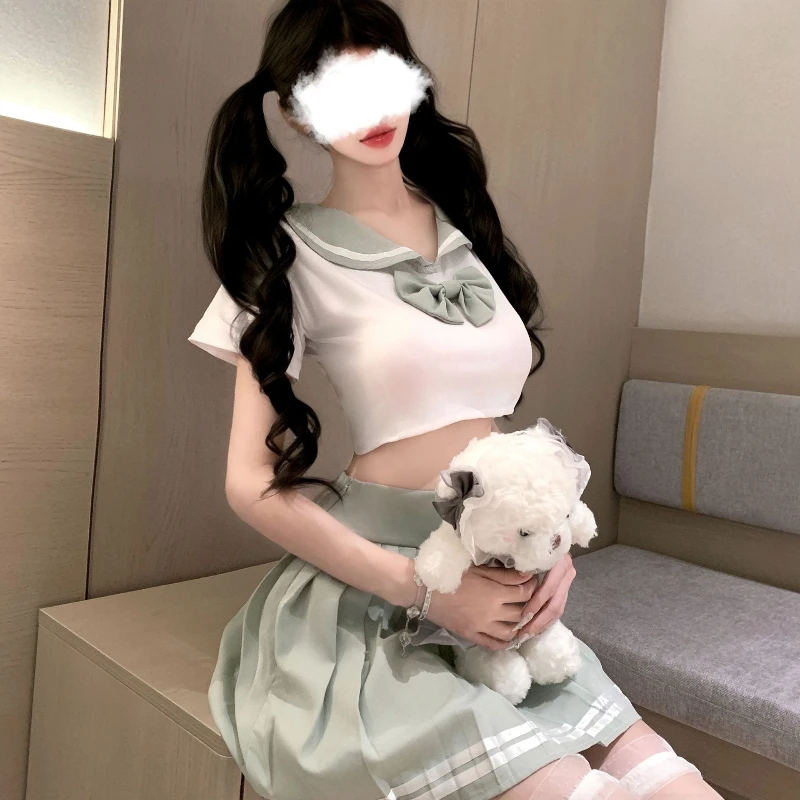 Uroczy top z krótkim rękawem i kokardą, plisowana spódniczka JK, seksowny strój do cosplayu w stylu uczelni, uwodzicielski strój dla par, gra w odgrywanie ról, strój uczennicy.