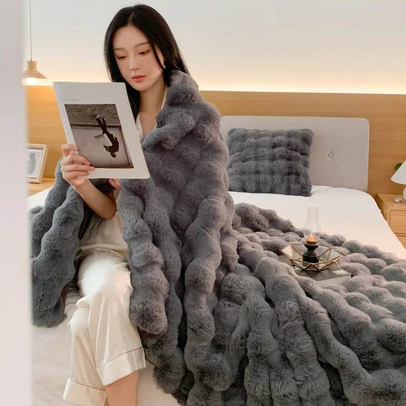 All Season Super Soft Cozy Rabbit Faux Fur Blanket Bubble Blanket for Bed or Couch,Standard Autumn and Winter Fluffy Blankets