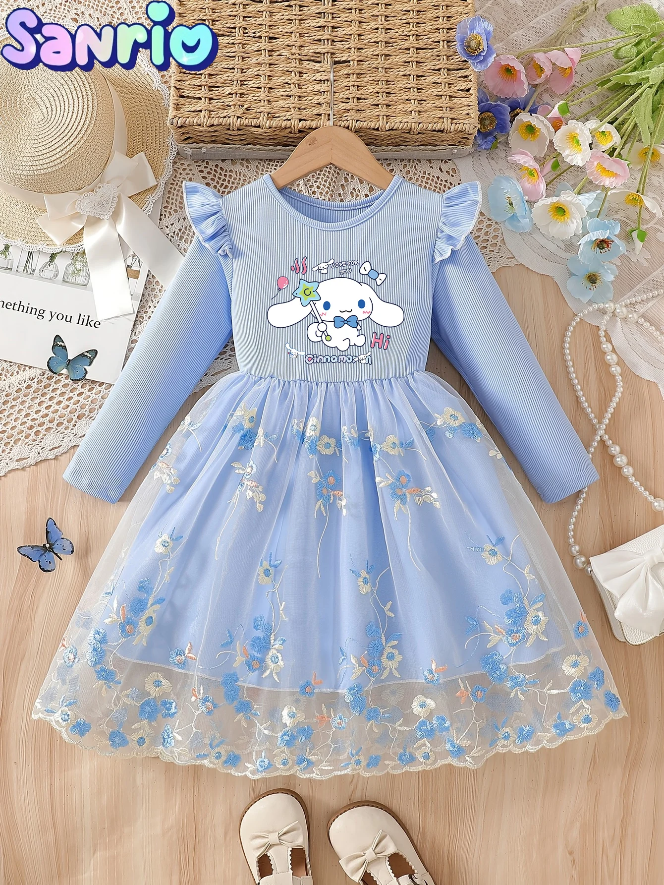 Cinnamoroll Princess Dress for Girls, Blue Long-Sleeve Tulle Puffy Gown with 3D Florals, Kids Formal Dress for Birthday Parties