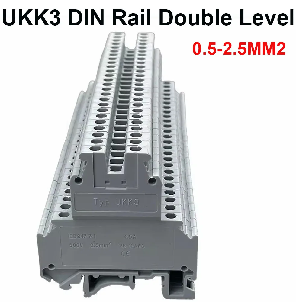 UKK3 DIN Rail Double Level  Terminal Block 500V 25A 28-12AWG for wires connecting +10 bit connector bridge FBI 10-5