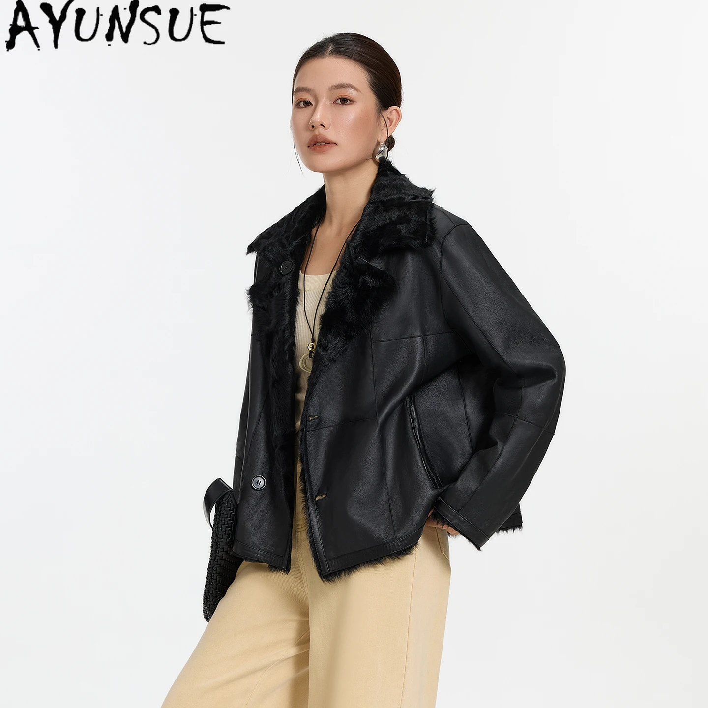 AYUNSUE manteau de fourrure de mouton naturel veste en cuir véritable femmes résistant au froid vestes de moto femme vêtements d'hiver 2025 Streetwear