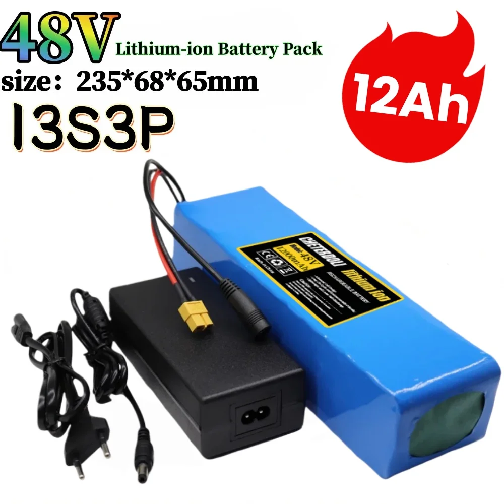 48V 12Ah 13S3P Battery 18650 Lithium Rechargeable Battery Built-in Bms, for 200W-500W Motor, for Riding Bike +54.6V 2A Charger.