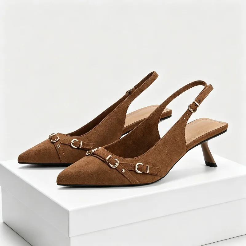 

Suede Metal Decoration Backless Women Sandals Designer Office Shoes Elegant Pointed Toe Pumps Women Heels Sandalias De Mujer