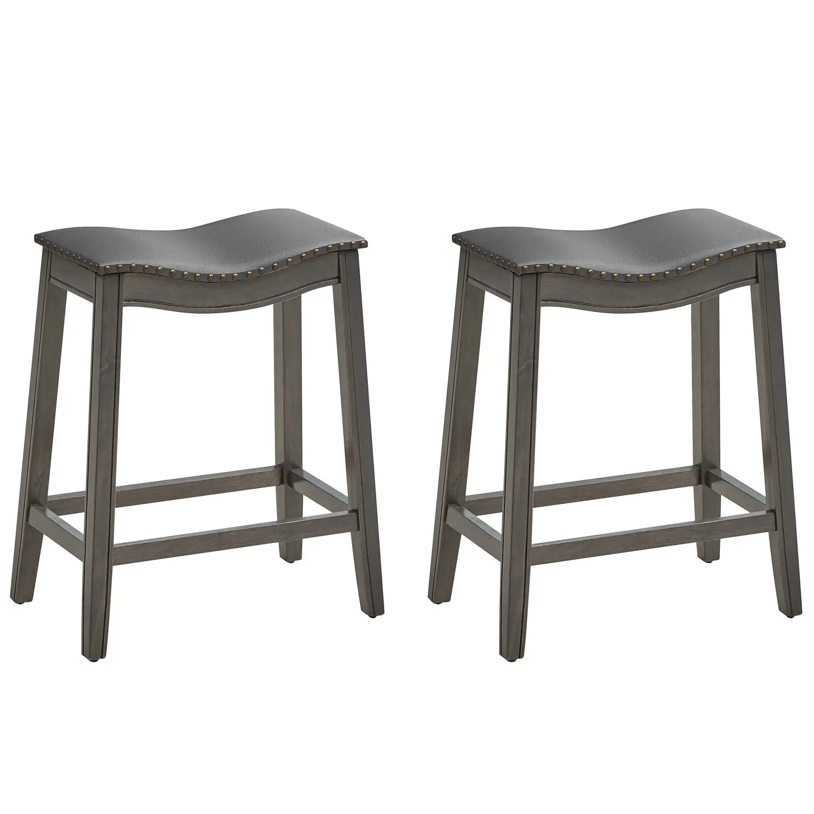 Set of 2 Saddle Bar Stools Counter Height Kitchen Chairs w/ Rubber Wood Legs