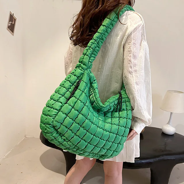 Casual Ruched Hobos damskie torby na ramię pikowana wyściełana torba Crossbody o dużej pojemności nylonowa puchowa torba z grubej bawełny duże torebki na zakupy