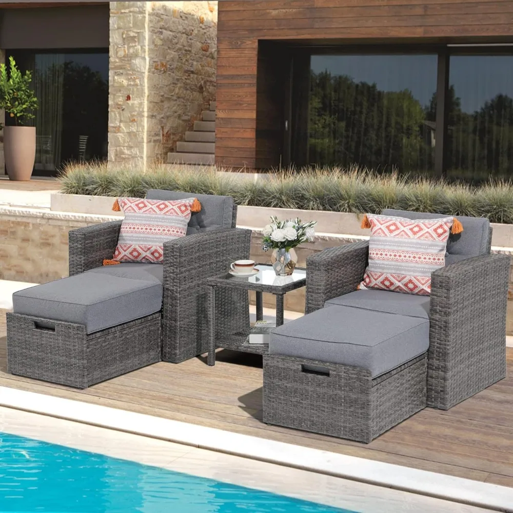 5 Piece Wicker Outdoor Sofa Set, Patio Conversation Set with Ottoman Set, Outdoor Couch Set with Tempered Glass Side Table