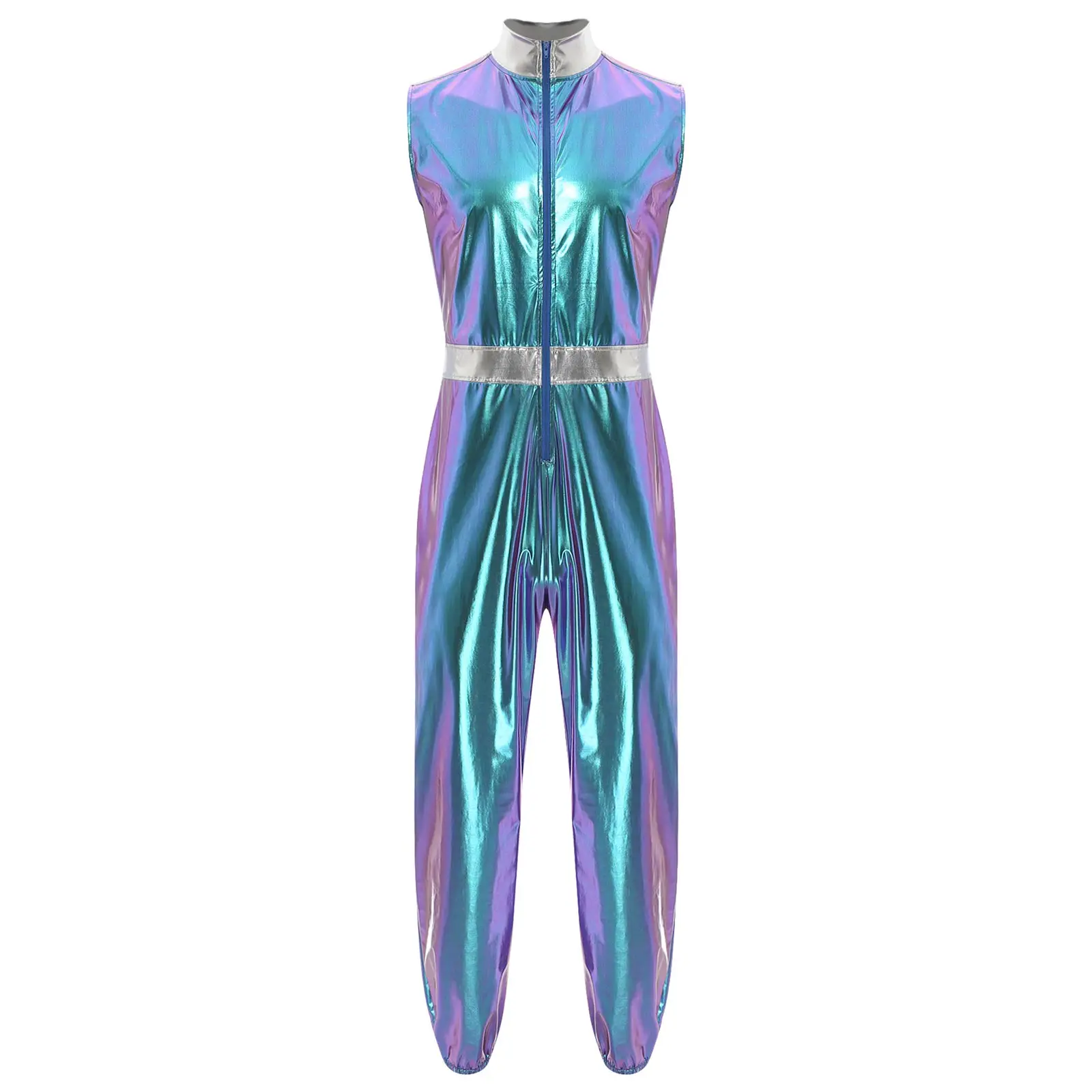 

Men Metallic Astronauts Dress Up Costume Jumpsuit Jazz Dancewear Sleeveless Full Length Zipper Bodysuit Club Performance Costume