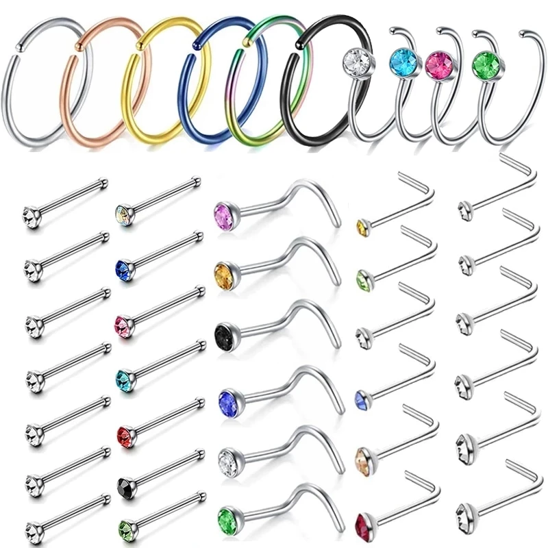 12/24/36Pcs L Shape Nose Ring Curve Pack Crystal Straight Nose Ring Set Nose Stud Lot Piercing Nariz Cuff Nase Pircing Nose Clip