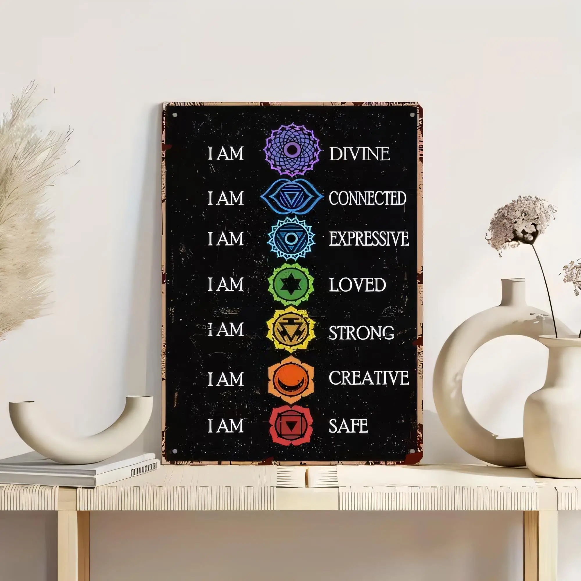 Tin Sign I Am Divine Connected Expressive Loved Strong Safe Inspirational Quote Wall Plaque Retro Metal Poster for Home Living R