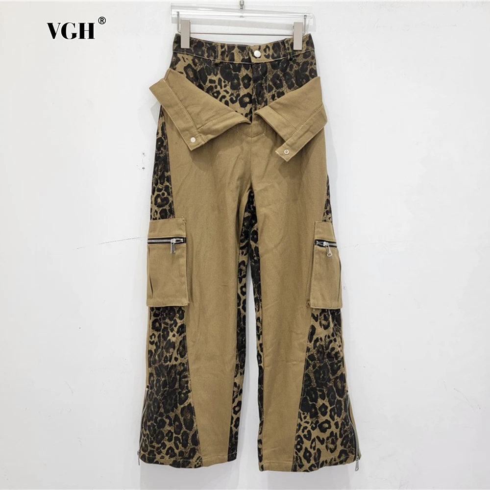 VGH American Retro ​​leopard Print Women's Cargo Pants High Waist Spliced Pocket With Zipper Streetwear Straight Trousers Female