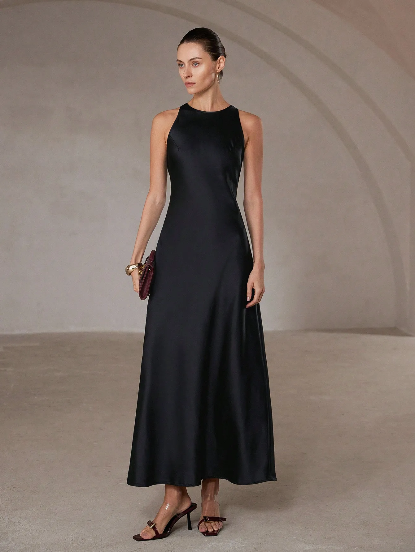 Aveloria Modichic Minimalist Chic Asymmetric Bias-Cut Double-Sided Satin-Like Fabric A-Line Sleeveless Long Dress