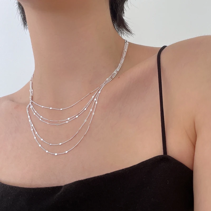 New S925 Sterling Silver Women\'s Jewelry Collar European Simple Silver Fashion Multi Layers Bar Necklace Clavicle Chains Gifts