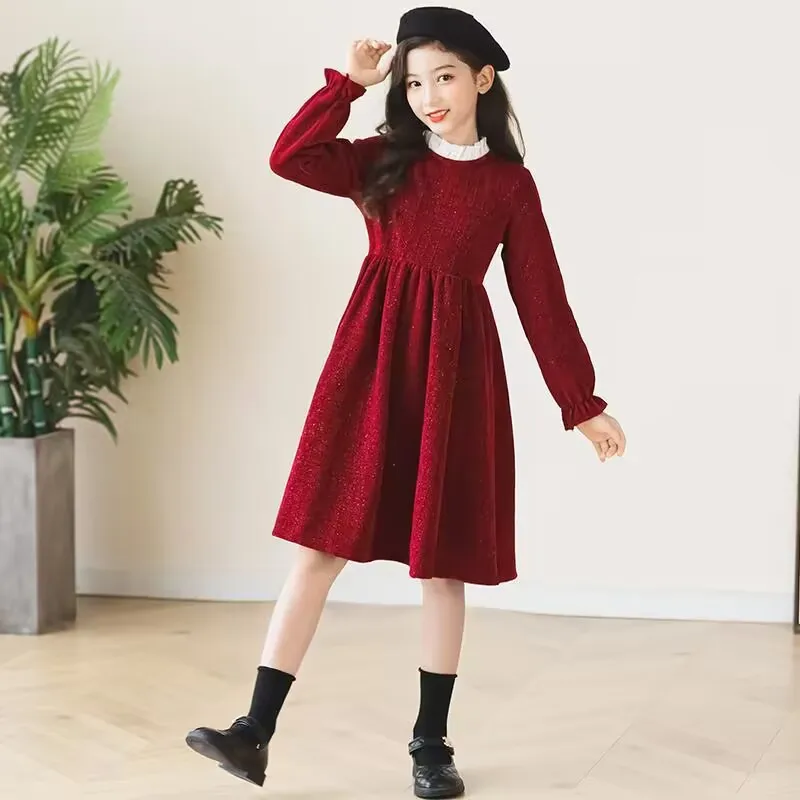 2023 autumn winter Kids Girls solid wine red Princess Teens New Year Dresses Clothes pattern pleated skirt mesh lace collar 4 12